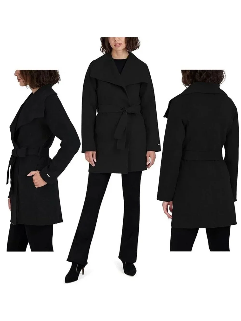 NWOT Tahari Jacket Womens L Black Marla Double-Face Belted Wrap Coat MSRP $400